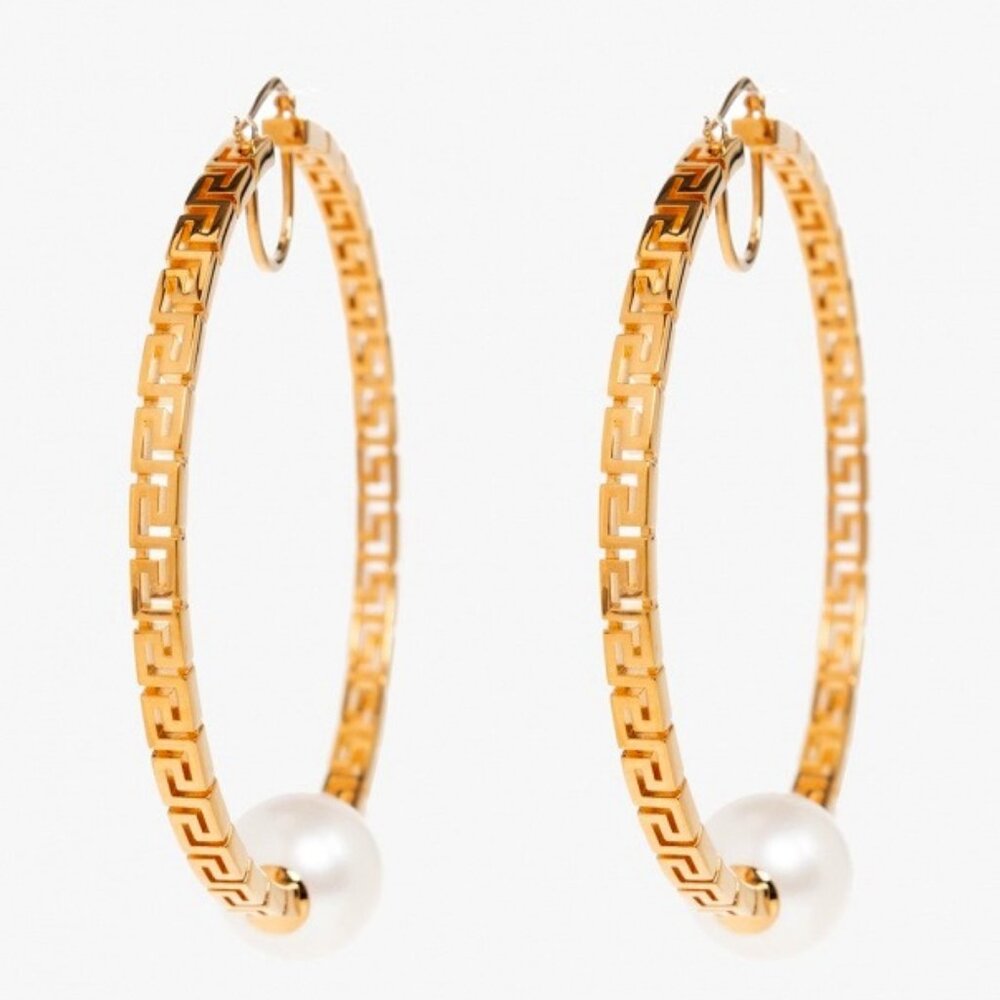 Versace Gold Greca Hoop Earrings with Pearls – New in Box